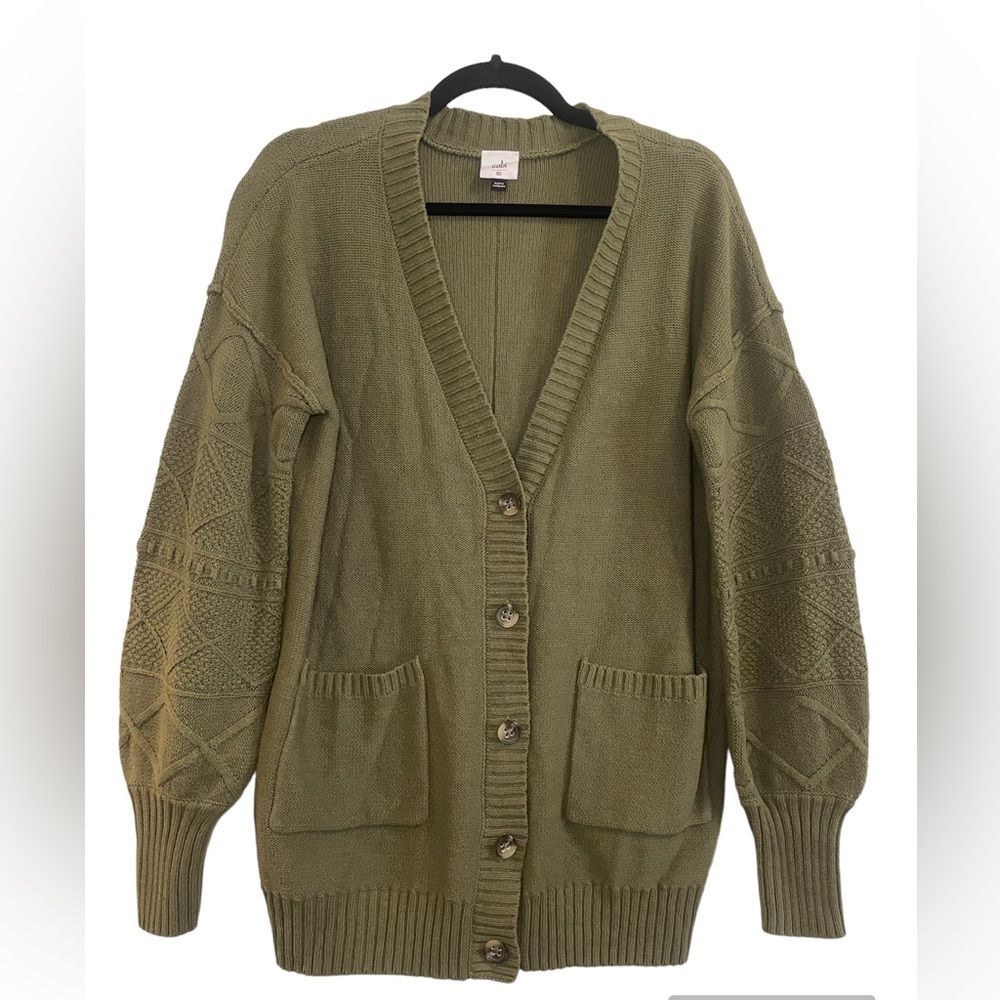 Cabi Women’s Trinity Stitch Olive Green Button Front Balloon Sleeve Cardigan